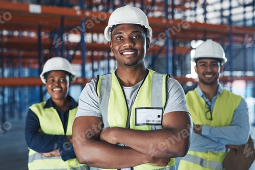 Preview: Shot of a group of contractors standing in the warehouse together with their arms folded