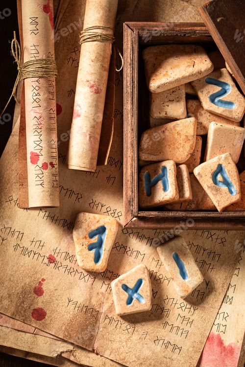 Preview: Rune stones and scrolls with futhark alphabet as mystical background