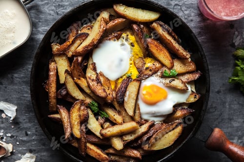 Preview: Fried potatoes and eggs in a pan close-up. horizontal