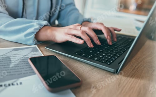 Preview: Laptop, technology and woman hands typing UX webdesign, online project development or research webs