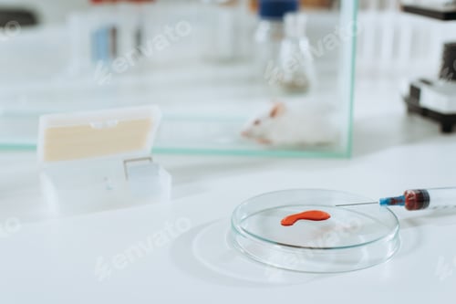 Preview: selective focus of syringe and petri dish with blood sample near white mouse in glass box