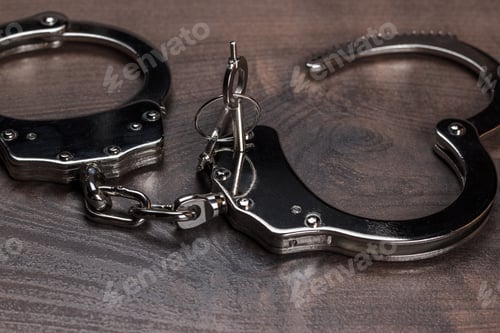 Preview: Handcuffs And Keys On Brown Wooden Table Background