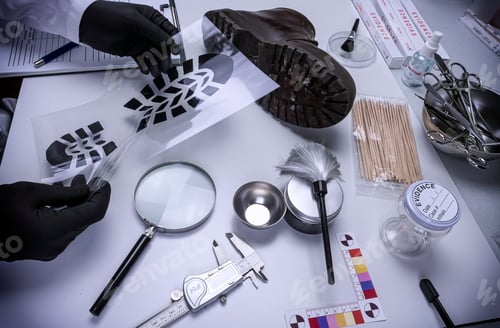 Preview: Forensic scientist investigates shoeprint mould evidence in crime lab, conceptual image