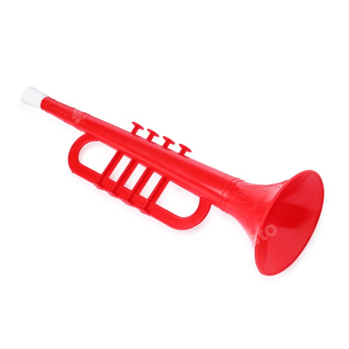 Preview: Red toy horn isolated on white. Child's musical instrument