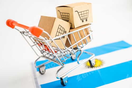 Preview: Box with shopping online cart logo and Argentina flag, Import Export Shopping online