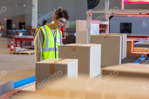Preview: Korean man inspecting boxes on conveyor belt in warehouse, with scanning machinery, copy space