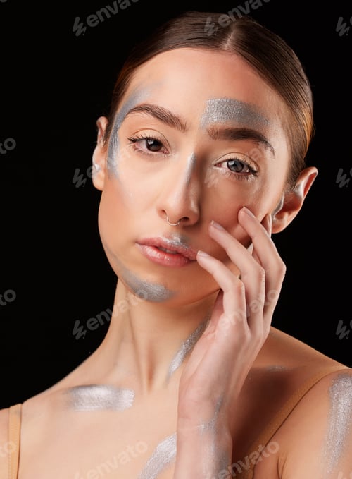 Preview: Beauty portrait, art and woman isolated on dark background for creative artist, cosmetics and face