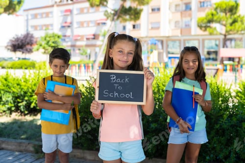 Preview: Happy elementary school children holding back to school blackboard