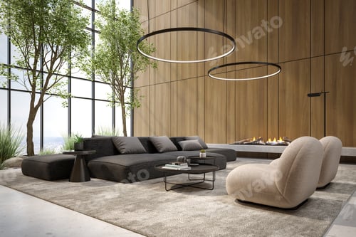Preview: Modern Interior Design with Fireplace and Natural Light