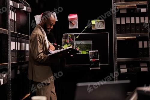 Preview: Cop reading case file and studying detective board