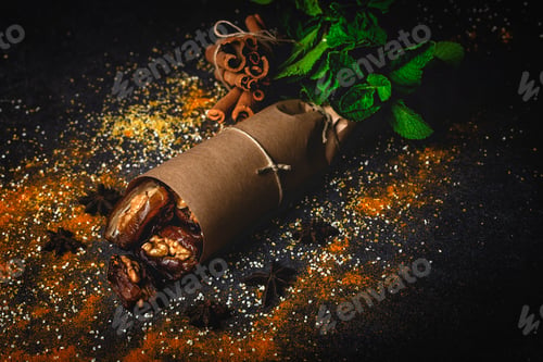 Preview: Dates fruits with walnuts, mint and cinnamon for Ramadan
