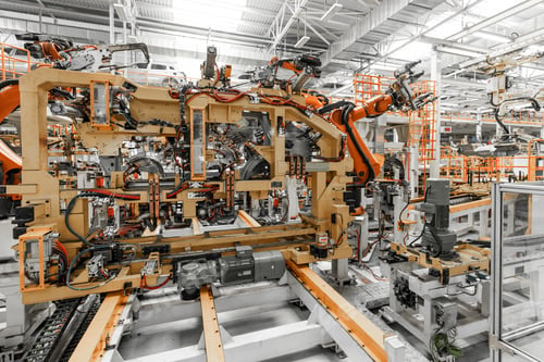 Preview: Photo of automobile production line. Welding car body. Modern car assembly plant. Auto industry
