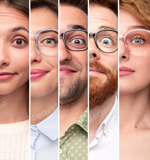 Preview: Collage of Smiling Faces with Stylish Eyeglasses