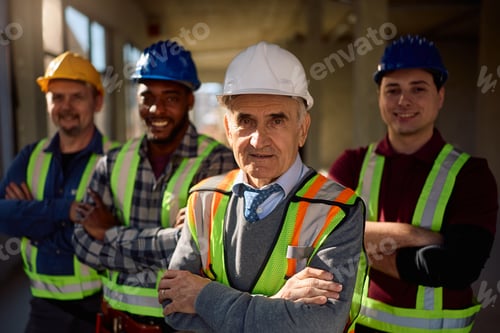 Preview: Confident architect and his construction team looking at camera.