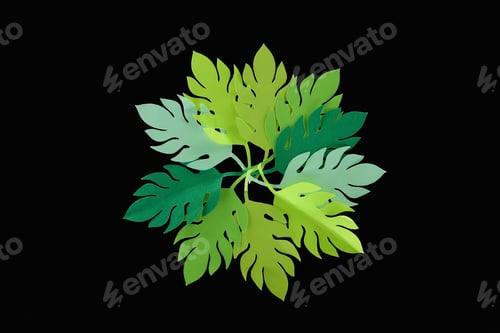 Preview: top view of paper cut green leaves isolated on black, background pattern