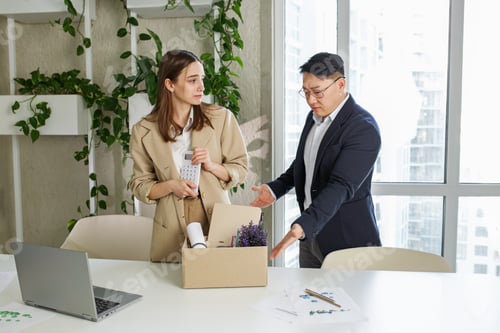 Preview: Employee layoff dismissal. Angry asian boss firing upset female employee in modern office.