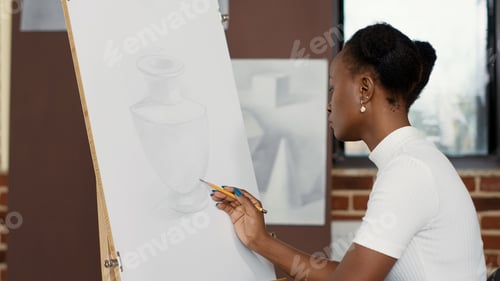 Preview: African american woman drawing vase model on white canvas