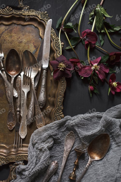 Preview: Old vintage ornamented cutlery and antique nickel copper tray