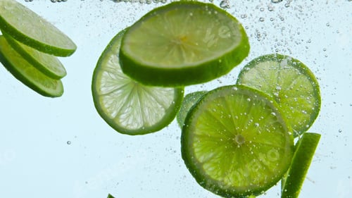 Preview: Fresh green lime underwater on white background close up. Citrus floating water
