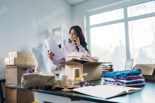 Preview: Dropshipping, small business, ecommerce businesses. Female online store clothing shop owner packing