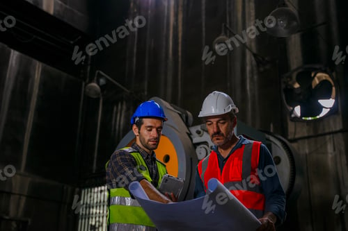 Preview: Blue collar workers work together at metal factory.