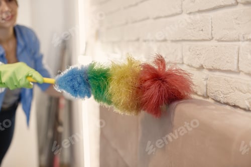 Preview: Woman with sponge and rubber gloves cleaning house