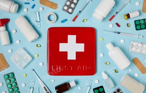 Preview: First aid kit concept, medicine equipment set in a suitcase box