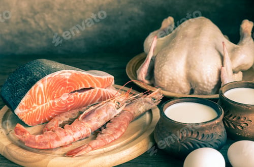 Preview: Protein diet: raw products on the wooden background