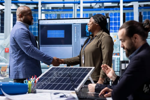 Preview: Solar panels plant businesspeople doing welcoming handshake