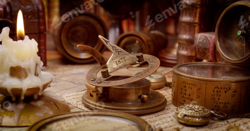Preview: Vintage style travel and adventure. Vintage old compass and other vintage items on the table.