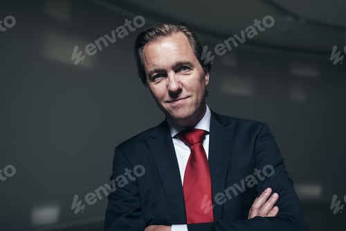 Preview: Happy Young Entrepreneur Wearing Red Tie In Empty Room.