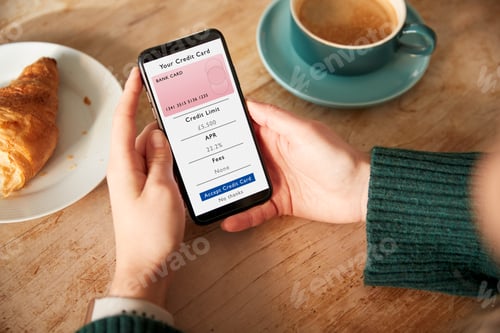 Preview: Close Up Of Woman Applying For Credit Card Online Using Mobile Phone In Cafe