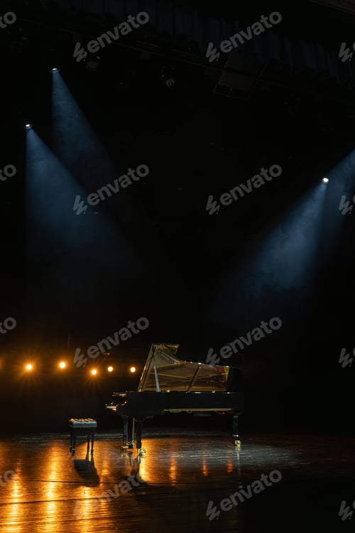 Preview: Grand Piano on Dimly Lit Stage Under Dramatic Spotlights