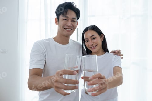Preview: Couple Drinking Water Together at Home