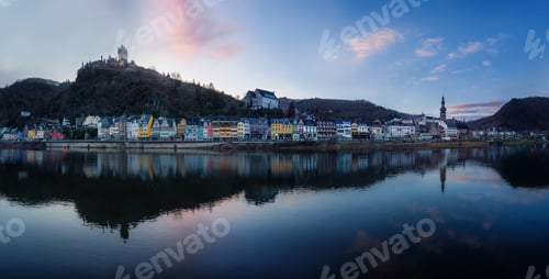 Preview: Panoramic view of Cochem Skyline at sunset - Cochem, Rhineland-Palatinate, Germany