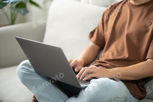 Preview: Man work from home. work online on laptop. Asian businessman working online business