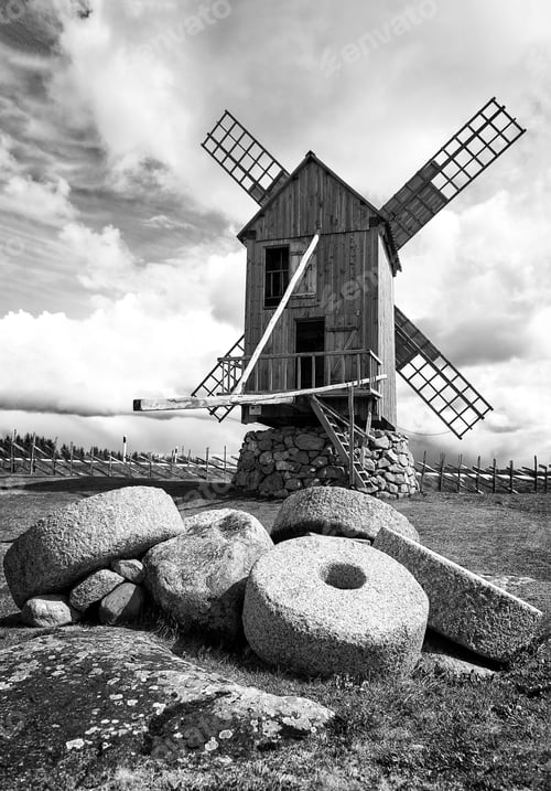 Preview: Saareema, Estonia. Rural landscape with old mills and millstones. ❤️ nominated 💔