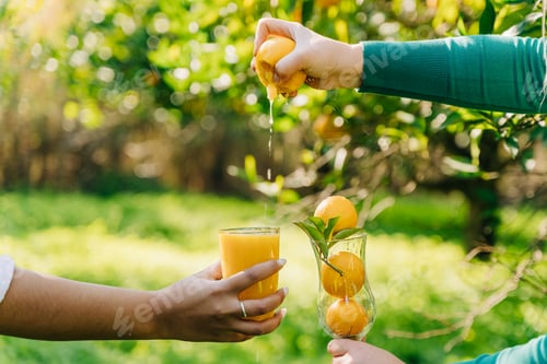 Preview: Woman's hand squeezes a fresh juicy organic ripe orange citrus juice into glass in the orangery