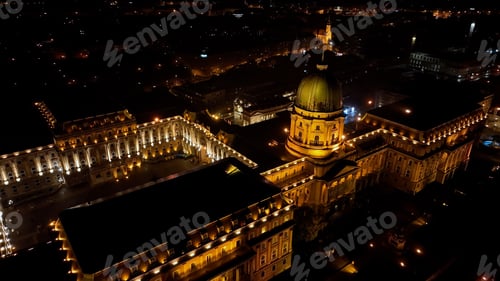 Preview: Aerial night view of Buda Castle Royal Palace in Budapest, Hungary