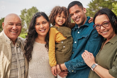 Preview: Happy family, grandparents and parent with kid in a park together and happy for vacation or outdoor