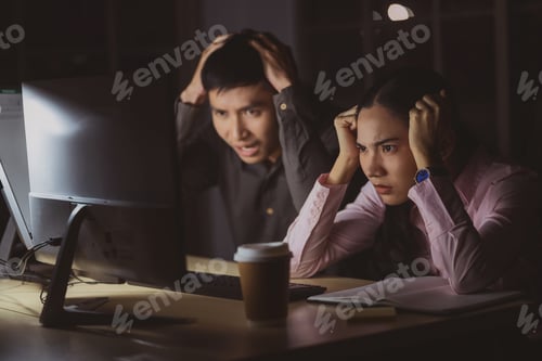 Preview: Asian businesswoman and businessman working hard late together with technology computer