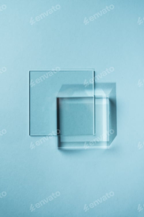 Preview: Glass podium on blue background for product presentation.