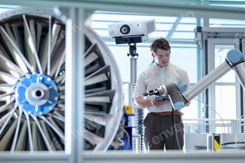 Preview: Engineer using robotic metrology to measure jet engine in robotics research facility