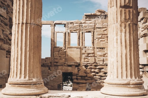 Preview: Closeup shot of an ancient building ruins in Athens, Greece with the background of cloudy sky