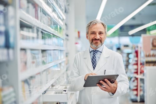 Preview: Portrait of a smiling senior male pharmacist holding a digital tablet.