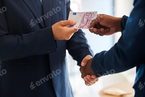 Preview: Business fraud, corruption handshake and money deal, scam and criminal giving euro notes, bribery p