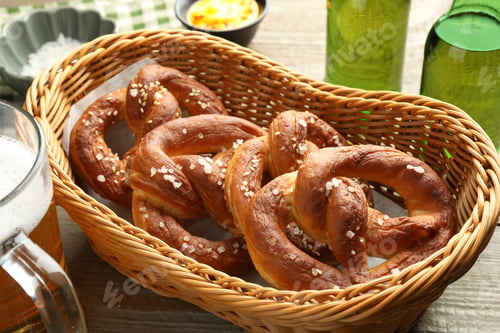 Preview: Tasty pretzels in basket and beer on wooden table, closeup