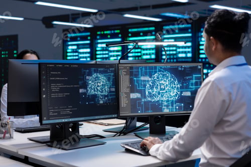 Preview: Man in server farm storing data used for machine learning