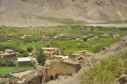 Preview: Beautiful view of a small village with greenery in Padum, Zanskar Valley, Ladakh, INDIA