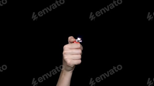 Preview: Male hand holding a red lighter, isolated on white background. Hand holding burning gas lighter.